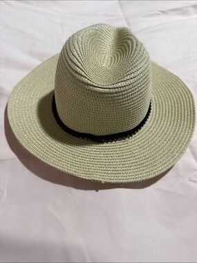 Rachel Zoe Beige Straw Wide-Brim Fedora with Black Band